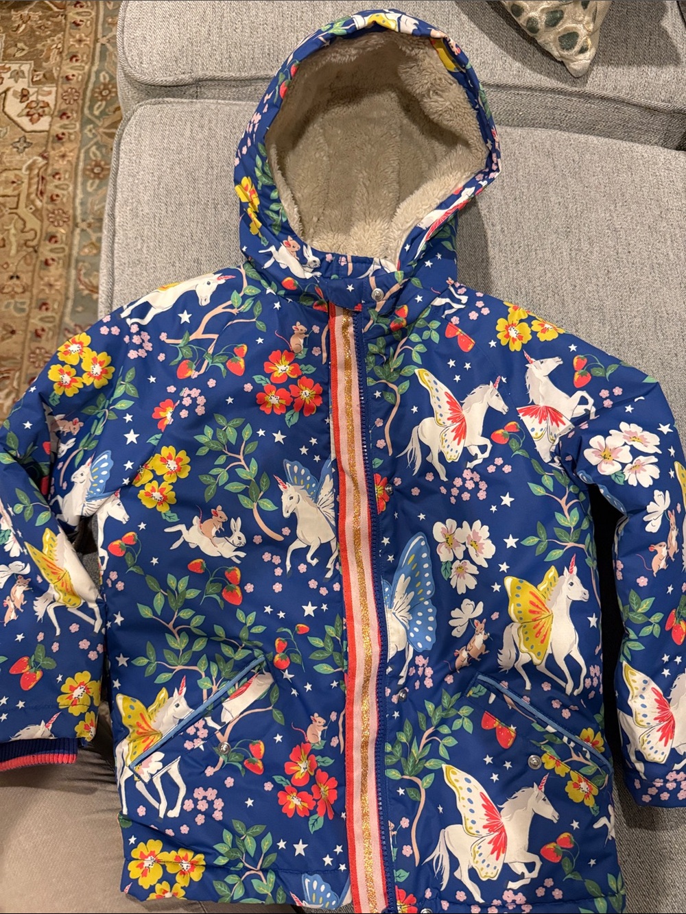 Mini Boden Navy Unicorn & Floral Hooded Puffer Jacket